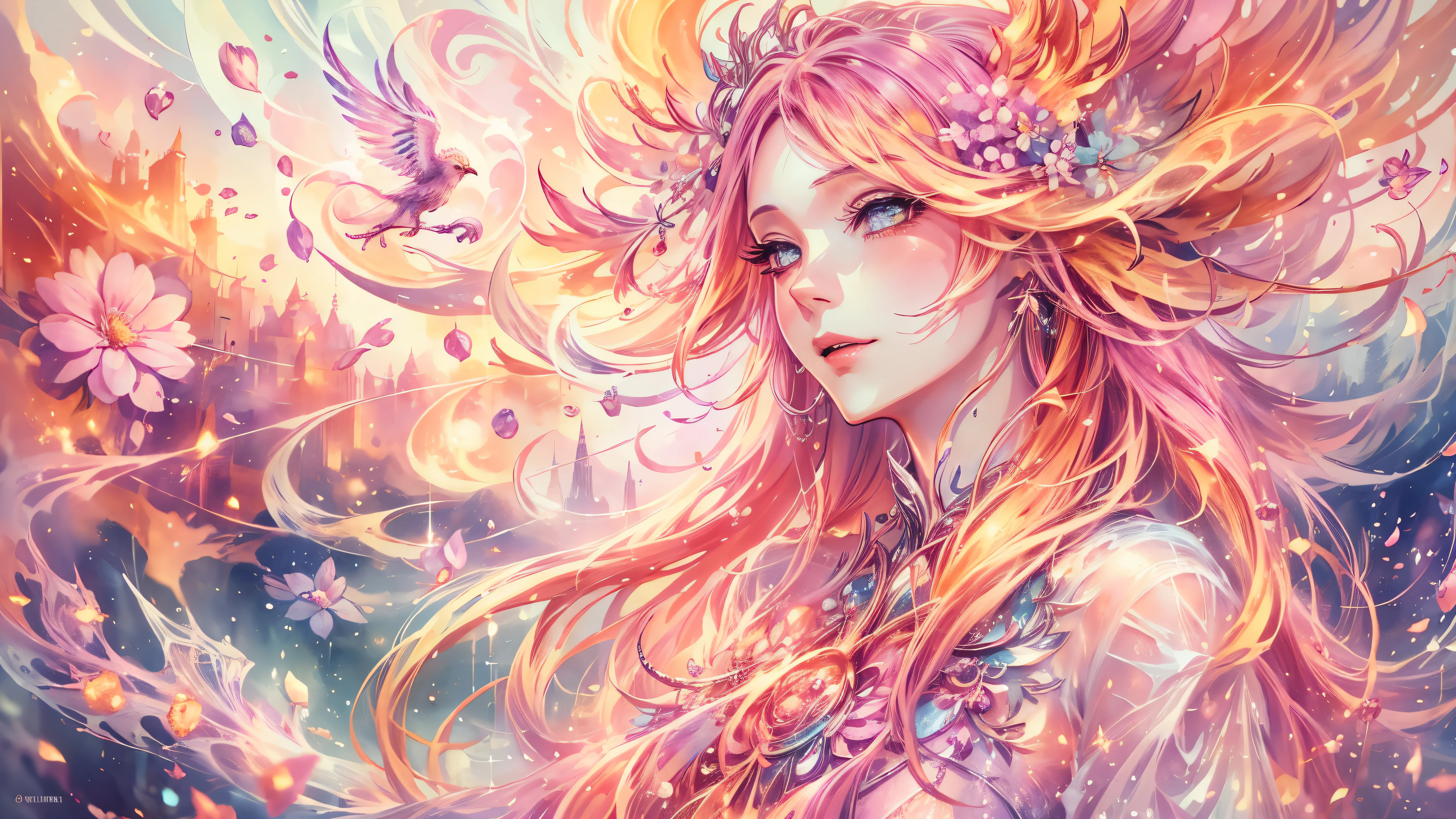 A character with long, flowing yellow hair adorned with a variety of colorful flowers, depicted with a blend of line art and watercolor elements in an anime pastel style, incorporating a sense of delicacy and softness. The scene, captured from a dynamic angle in a wide format, now features a majestic phoenix exuding a radiant and protective aura, depicted in vibrant pink to create a striking yet harmonious contrast with the scene. Its feathers shimmer with a magical glow, wrapping gently around her in a gesture of friendship and guardianship. The character’s face radiates happiness and affection as she interacts closely with the phoenix, emphasizing their close bond. Her crown is playfully tilted on her head, and her gown, made of sheer, sparkling fabric, dances in the light, enhancing the enchantment of the scene. The magical, dreamlike atmosphere is further intensified by the background’s majestic waterfall and full moon, both rendered in soft, fantastical watercolor effects.