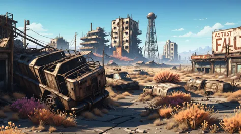 anime aestetics, anime scenery, landscape, wallpaper, huge deserted city, western city ruins, dry grass, dry flowers, desert, fa...