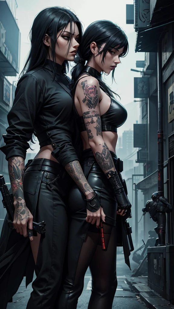 Artwork, plusieurs filles, gangster, Yakuza, they fight with sabers, tatouage sur tout le corps, dressed in black, regard agressif, black hair tied, two sabers in the back, cyberpunk dark fantasy, epic, colored