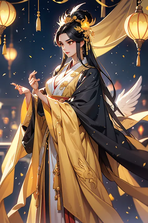 black hair, immortal, beauty, royal sister, stepmother, gold yellow taoist robe, phoenix coronet, hair bunch, phoenix sense, bea...