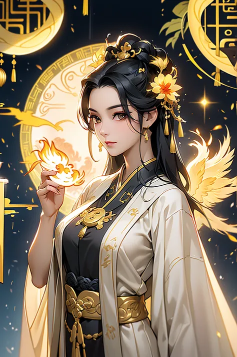 black hair, immortal, beauty, royal sister, stepmother, gold yellow taoist robe, phoenix coronet, hair bunch, phoenix sense, bea...