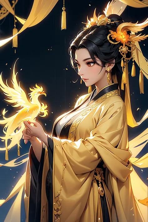 black hair, immortal, beauty, royal sister, stepmother, gold yellow taoist robe, phoenix coronet, hair bunch, phoenix sense, bea...