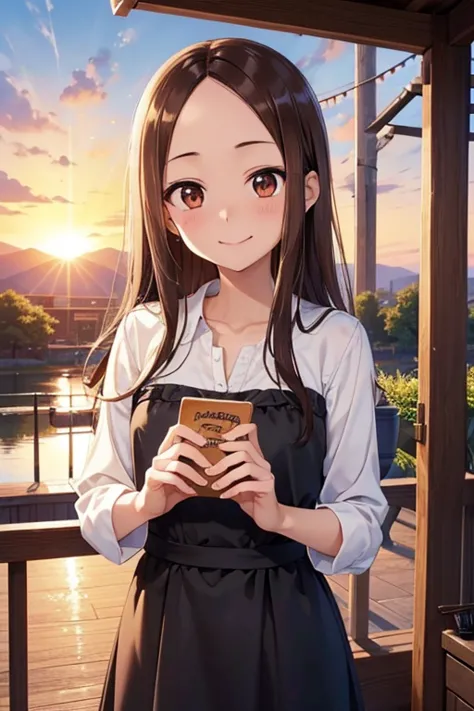 takagi-san、shiny brown hair, straight long hair,((medium chest、forehead、center part))、 beautiful brown eyes、smile、sparkling eyes...