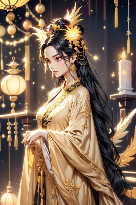 black hair, immortal, beauty, royal sister, stepmother, gold yellow taoist robe, phoenix coronet, hair bunch, phoenix sense