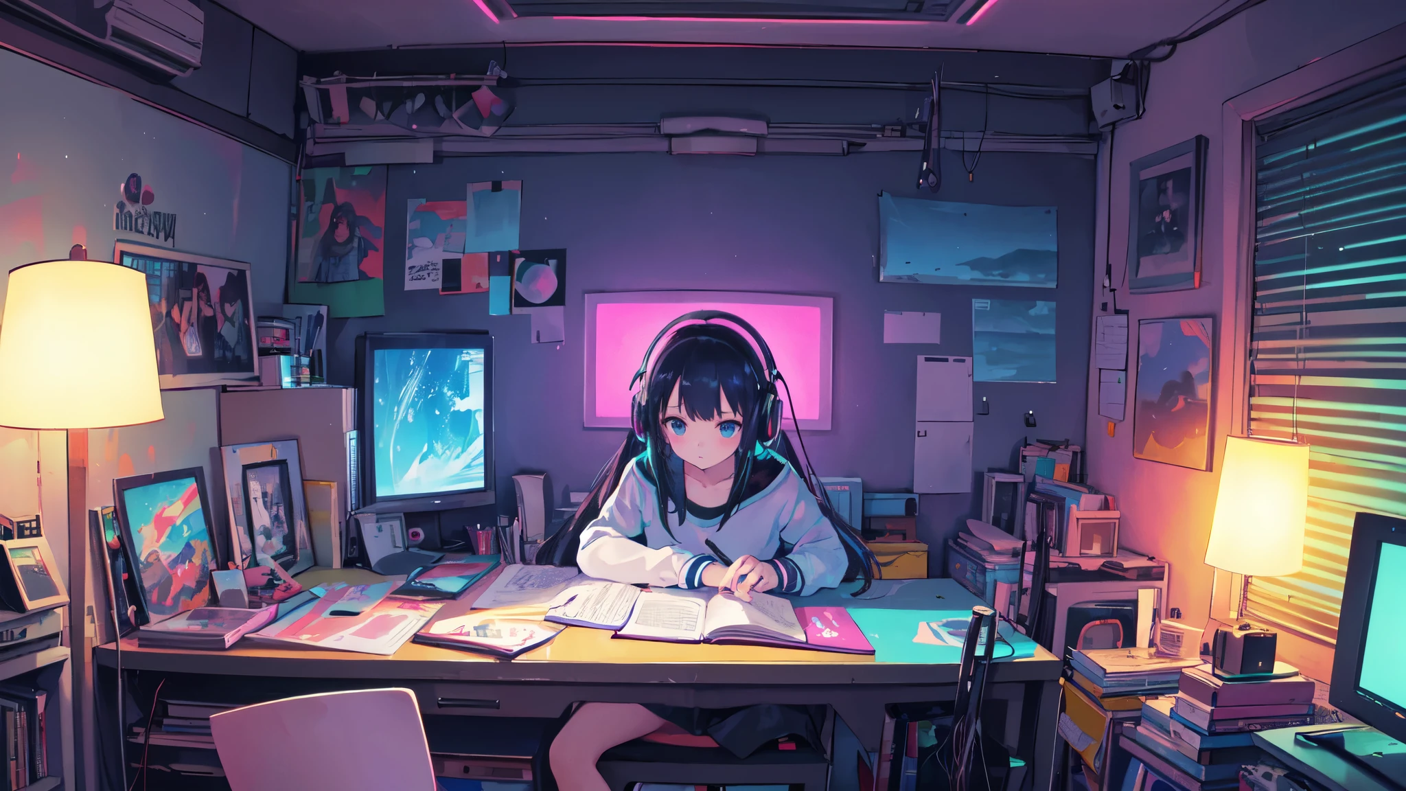 ultra wide angle (Overnight stay), Girl studying in her room, read a book, Wear headphones, , night light, Neon landscape on a rainy day, Analog color theme, Lo-Fi Hip Hop , retrospect, flat, 2.5D ,Draw a line, Ink drawing, big color gradient, Watercolor painting, Kush color, Studio Ghibli Style, Super colorful., outside ton, Synthwave, Lofi art,90s style,old surface, Amplitude,90&#39;s atmosphere, table top, Incredible technology, 16:9 scales