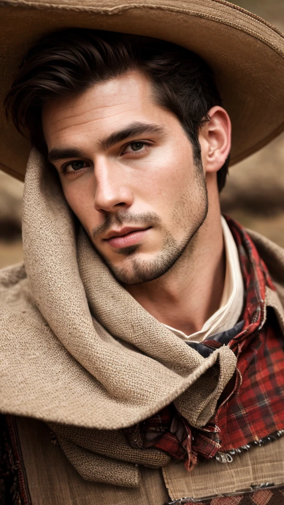 A sexy  man, wearing( western cloths), , homoerotic, nsfw ,extremely gorgeous face, ,masterpiece, seductive expression , cowboy ,black hair