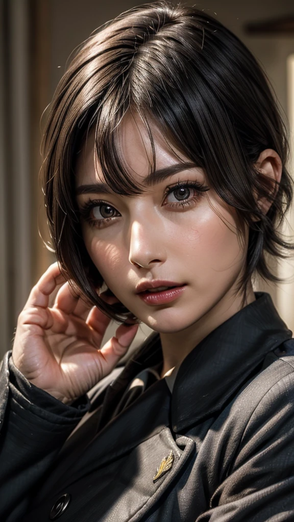 ((Beautiful Face:1.2)), (Purelos Face_v1: 1.0), Half Body,(Highest Resolution, clear_image) Highest quality, Single, One Woman, alone, masterpiece, Very detailed, (realistic), Black short hair, Black Hair, bangs, mature, ((JSDF uniform)), Indoor Background, kind, Authoritative, Powerful, Exquisite facial features, Exquisite facial features,((Natural big breasts:1.2))