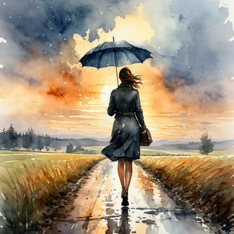 autumm is here. windy, light rainy, a woman with an umbrella is wandering through the landscape, atmospheric and oppressive as t...