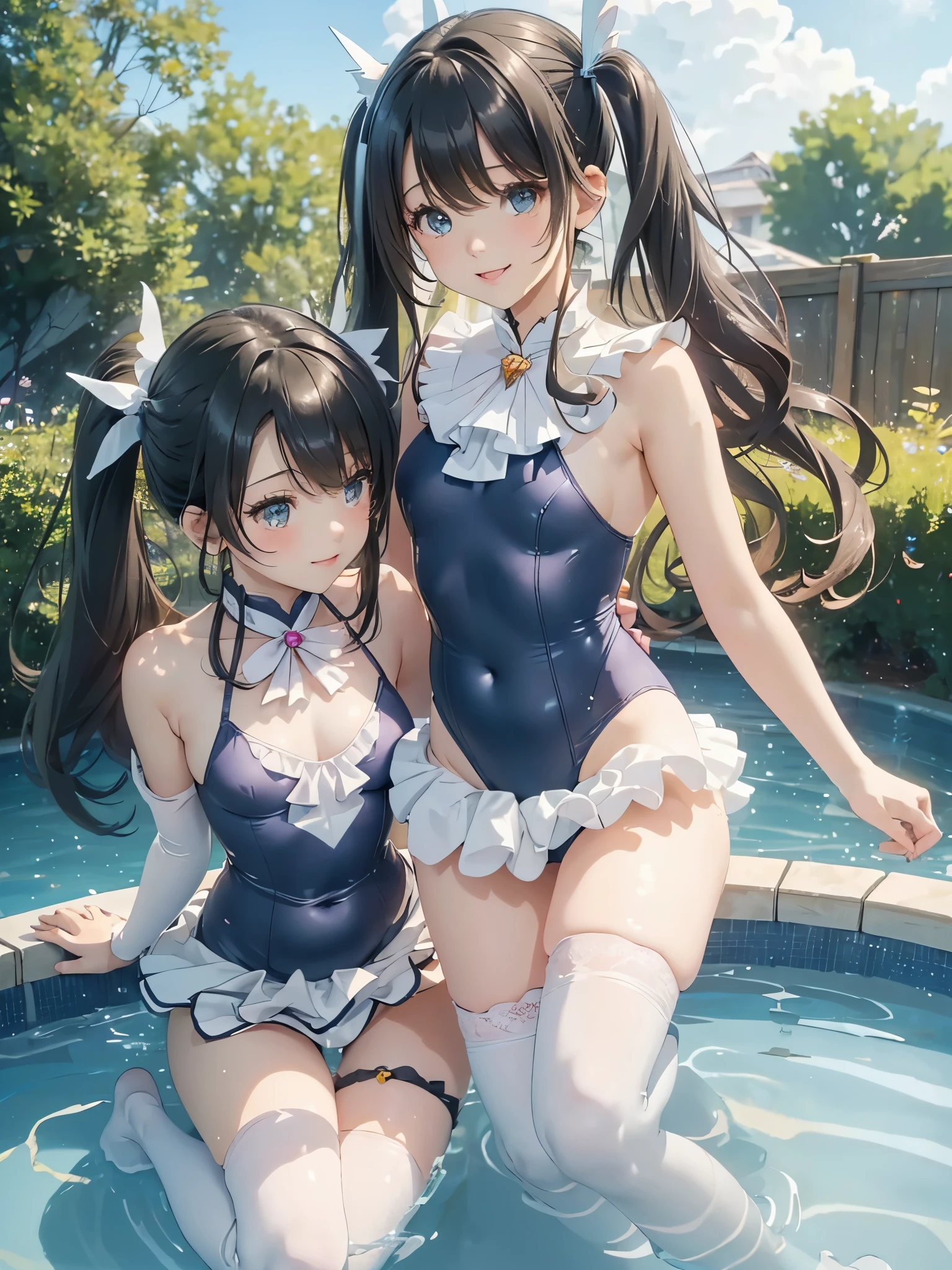 ((masterpiece)), ((highest quality、Ultra high definition)), (Very detailed),8k、Photo quality、((Amazingly cute girl)),16-year-old girl)), Two people, , (Beautiful emerald blue eyes), ((smile、Small breasts)),In the open-air bath overlooking the sea, Beautifully arranged black hair in twin tails、Slim Body、(((Cute magical girl style swimsuit)))、Professional Lighting、(White lace knee-highore detailed and beautiful)、(More details and cutenesore realistic)、((Just wear light clothing))、Frolic in the pool、((unbelievably cute))、((A cute pose))、