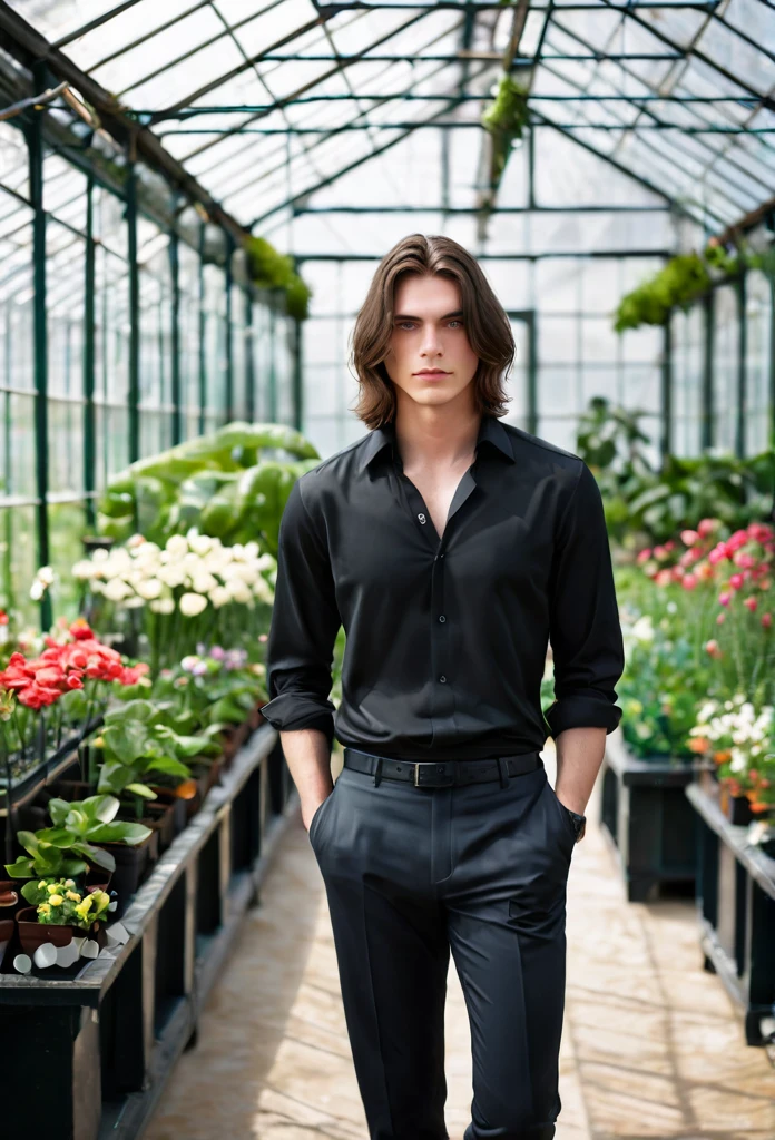 High quality, masterpiece, high definition, 1 young man, 20 years old, dark well-groomed shoulder length hair (3.0), enchanting pale blue eyes (2.0), black shirt (3.0), black homey trousers, full body portrait (3.0), faint smile(2.5), quiet expression (4.0), luxurious greenhouse (4.0), genuflecting (4.0), taking care of delicate flowers (4.5), butler not far away(5.0).