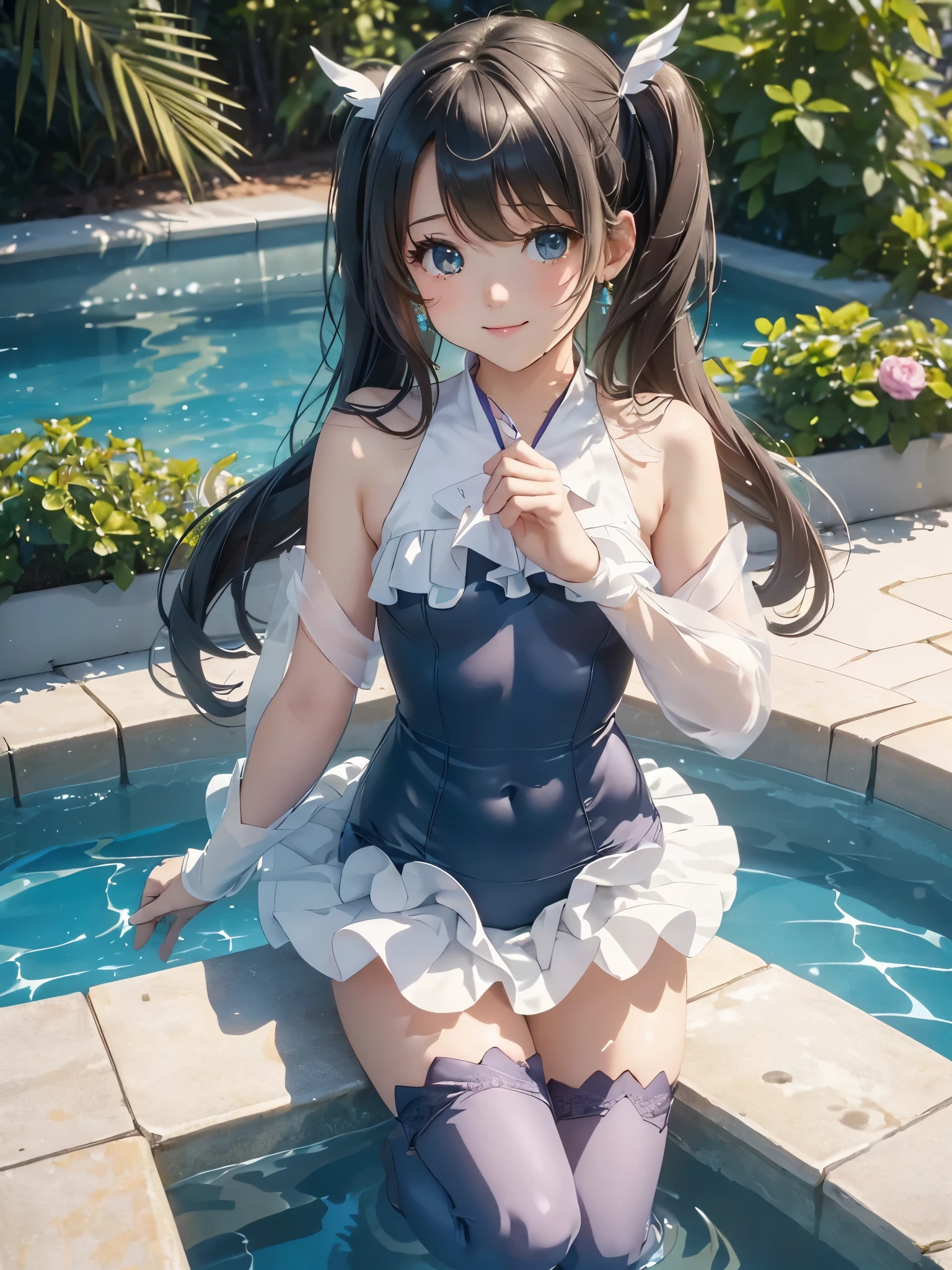 ((masterpiece)), ((highest quality、Ultra high definition)), (Very detailed),8k、Photo quality、((Amazingly cute girl)),16-year-old girl)), Two people, , (Beautiful emerald blue eyes), ((smile、Small breasts)),In the open-air bath overlooking the sea, Beautifully arranged black hair in twin tails、Slim Body、(((A cute magical girl style swimsuit with flashy decorations)))、Professional Lighting、(White lace knee-highore detailed and beautiful)、(More details and cutenesore realistic)、((Just wear light clothing))、Frolic in the pool、((unbelievably cute))、((A cute pose))、