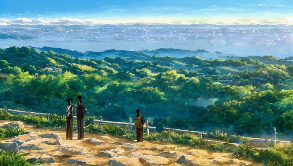 Shinkai Makoto style, Japanese anime movie, official art, a boy and a girl sitting, black hair, casual clothes, on the grass, below is the vast town, beautiful ocean view, sky pop across, stunning picture, movie shot, wide Angle shot, impressive panoramic scenery, Super detail, super high quality