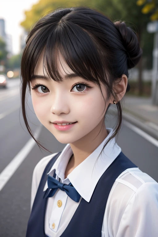 Cute 15 year old Japanese、on the road、Highly detailed face、Pay attention to the details、double eyelid、Beautiful thin nose、Sharp focus:1.2、Beautiful woman:1.4、(Hair Bun)、Pure white skin、Highest quality、masterpiece、Ultra-high resolution、(Realistic:1.4)、Highly detailed and professional lighting、nice smile、Japanese school girl uniform