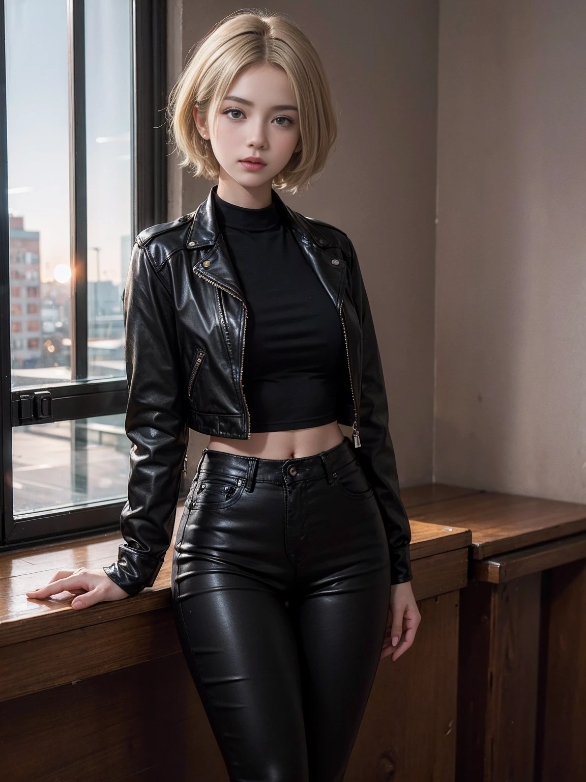 Professional full-length photo, (Best Top Quality, a high resolution, 8K masterpiece, super detailed), Photorealistic style, gray 18 year old blonde with short hair in black leather pants and a black leather jacket stands at the window of the room and watches the setting sun.