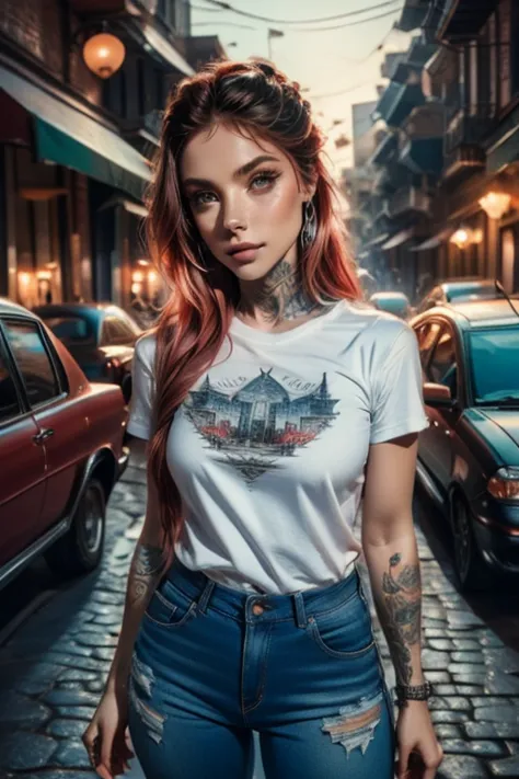 light red hair, vibrant blue eyes, pale white skin, portrait, rock clothing, band clothing, fine nose, thin chin, dark night sce...