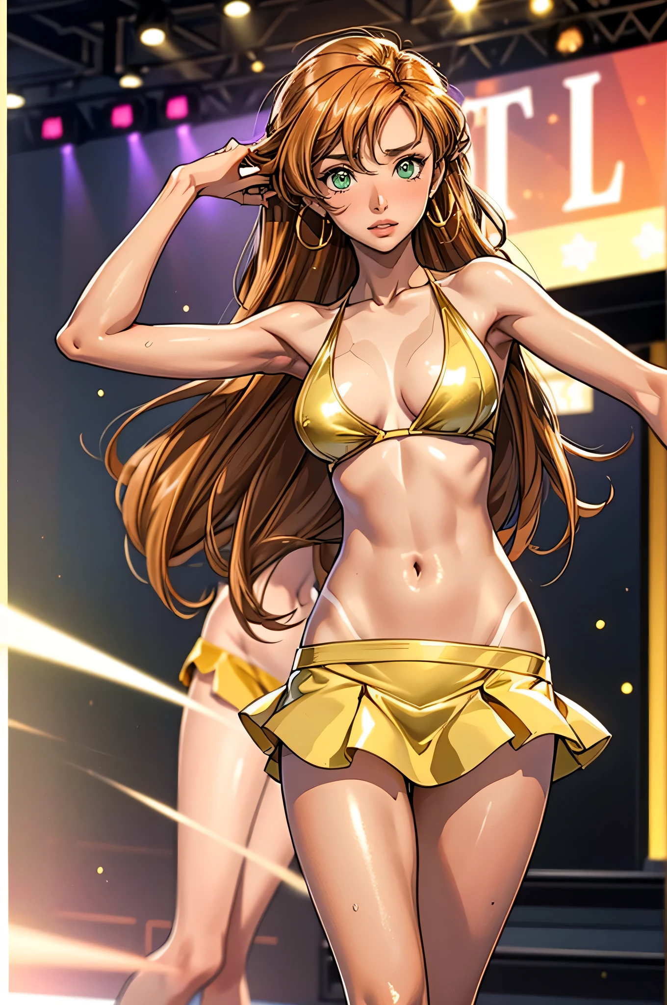 1girl,a beautiful fashion model ,(masterpiece, official art, best quality) (perfect eyes) , light brown and shiny hair, orange highlights in hair, full lips, upturned nose medium , , elegant makeup, exhibitionism, , slim thighs, toned body, shiny skin, sexy pose,,(( (slender, skinny, slim))), gold hoop earrings, pink eyeshadow, cute face, embarrassed, coy, surprised, blush, glittery skin, girl dancing on stage, skinny thighs, narrow hips, skirt lift, gold and green outfit, slutty, (tan skin, tan lines), green eyes, large breasts