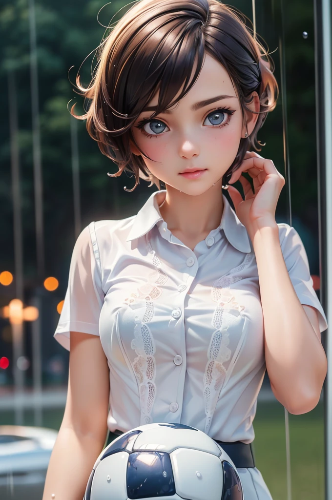 (8k, Best Quality, Masterpiece: 1.2), (Realistic, Photorealistic: 1.37), Super Detailed, 1 Girl, Cute, holding soccer ball ,eautiful details, (collared shirt: 1.1), night, wet, business wear, rain, white lace, (short hair: 1.2), floating Hair NovaFrogStyle,