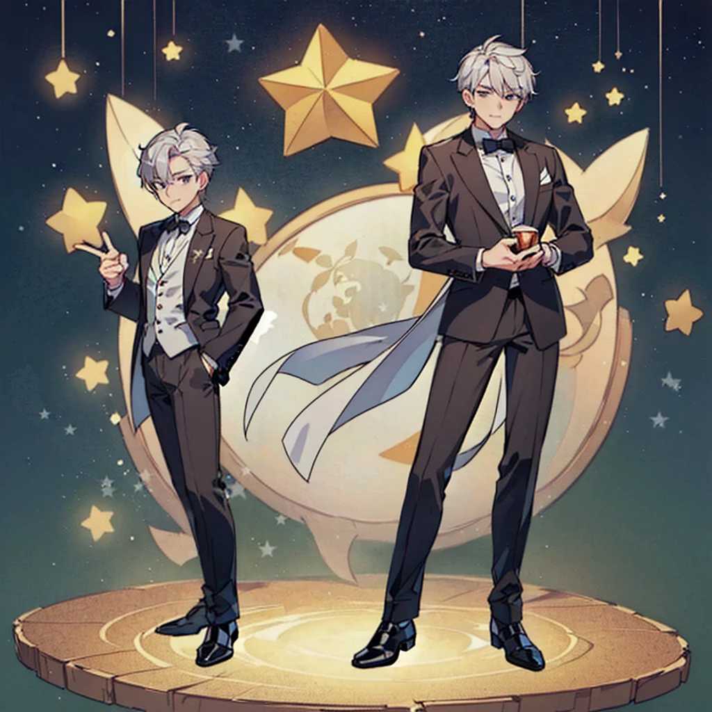 ((Highest quality，masterpiece，Extremely sophisticated details，Full body picture of a handsome Korean-style man with short silver hair，Holding a big three-dimensional star in hand，Wearing a boss&#39;s formal short black suit without tie and high collar，singer))，Extremely mature and handsome，super handsome guy，Small silver jewelry decoration，Gorgeous stage background，Q version