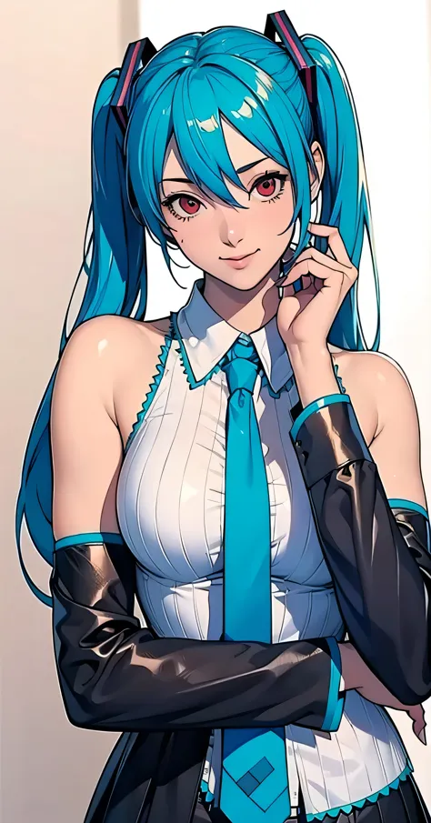 masterpiece, hatsune miku, white shirt, blue tie, exposing shoulders, the sleeves are separated, evil smiley face, dark skin, re...