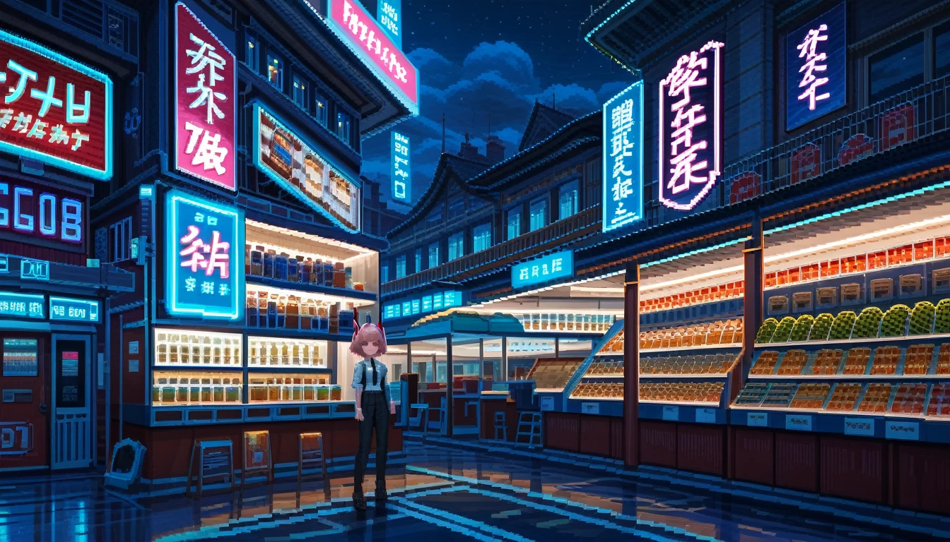 1girl, long pink hair, red horns, white collared shirt, black necktie, light smile, yellow eyes, corneo_power,, buildings,shops,town streets, dark sky, scenery,neon signs,night city, japanese lyrics,, , absurdres, detailed eyes, extremely detailed, volumetric lighting, realistic, realistic lighting, 8k, cinematic lighting, depth of field, perfect, hyper-detailed, photorealistic, ultra realistic, realistic light, hard lighting, intricate details, stop motion, tonemapping, sharp focus, hyper detailed,pixel art style