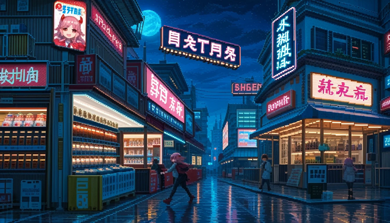 1girl, long pink hair, red horns, white collared shirt, black necktie, light smile, yellow eyes, corneo_power,, buildings,shops,town streets, dark sky, scenery,neon signs,night city, japanese lyrics,, , absurdres, detailed eyes, extremely detailed, volumetric lighting, realistic, realistic lighting, 8k, cinematic lighting, depth of field, perfect, hyper-detailed, photorealistic, ultra realistic, realistic light, hard lighting, intricate details, stop motion, tonemapping, sharp focus, hyper detailed,pixel art style