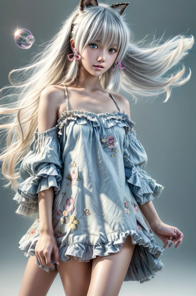 (masterpiece), (Best Quality), (ultra detailed),(messy hair),(illustration), (1 girl), (fashion clothes), standing, model, looking at the viewer, (interview), (simple background), beautiful detailed eyes, delicate beauty, floating, (high saturation), (colorful splashes), colored bubbles, (shine), Whole body, Horse tail, Ayaka Kamisato, light blue fur, hits, collectors, floating flowers, flowing hair, (bright), better lighting, best shadows, perfect hands