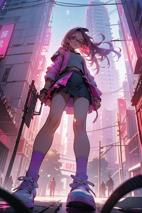 shooting from below, break, dystopian city with pink and purple neon signs and holograms projected on buildings and in the sky, ...