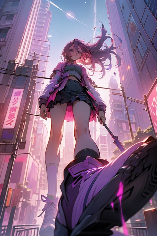 Shooting from below, break, Dystopian city with pink and purple neon signs and holograms projected on buildings and in the sky, break, Beautiful slim figure, lipstick, Purple glasses, Long Red Hair, Twin Blade, Short skirt, break, night, Cyberpunk aesthetic, 非常にdetailedな照明, dramatic, 8k, High definition, Skin Texture, リアルなSkin Texture, armor, Highest quality, 超High resolution, Photorealistic, High resolution, detailed, RAW Photos, break, Realistic anatomy, goddess, g string, Knee socks, Full Body Shot, Feet close-up, Worst camera angle, 4K