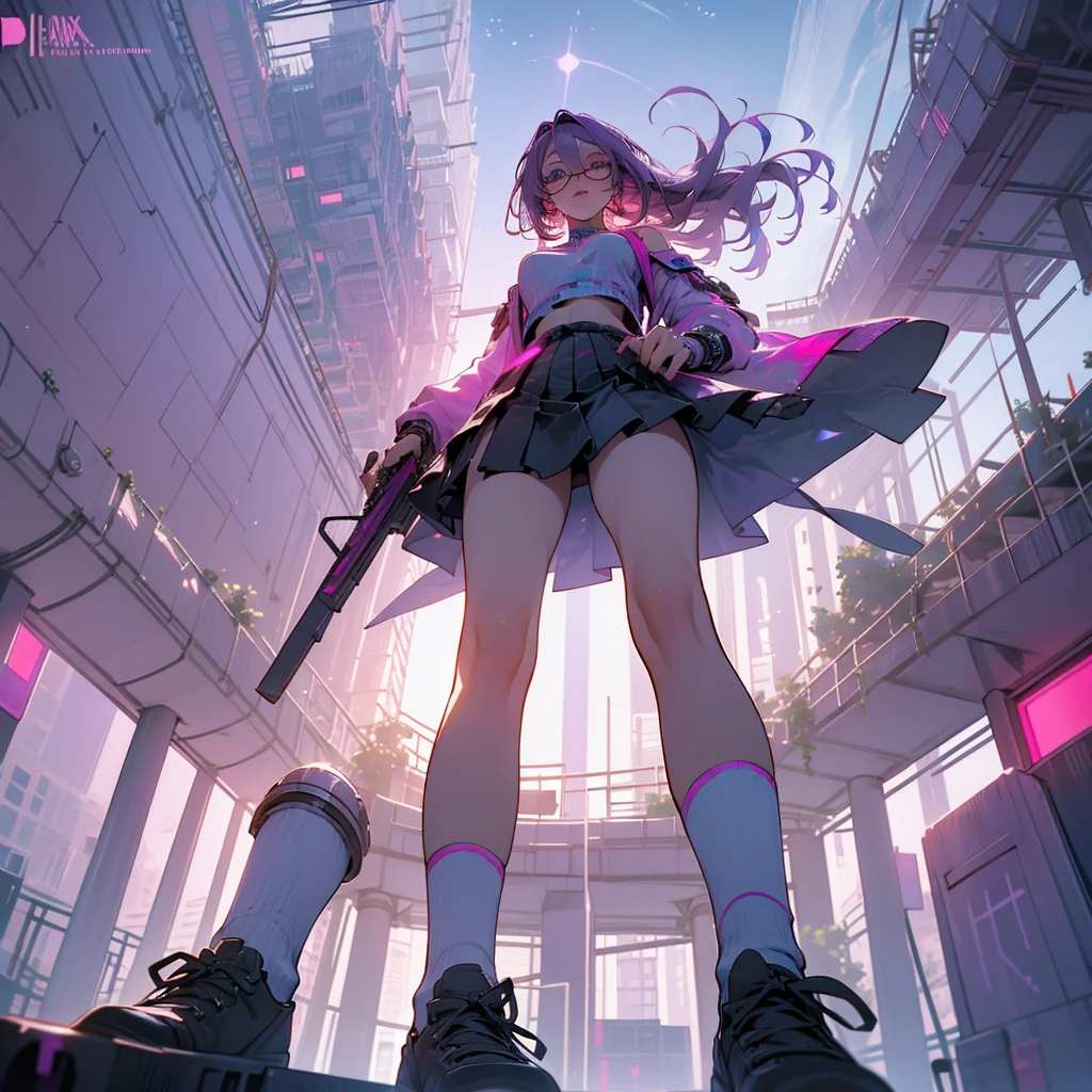 Shooting from below, break, Dystopian city with pink and purple neon signs and holograms projected on buildings and in the sky, break, Beautiful slim figure, lipstick, Purple glasses, Long Red Hair, Twin Blade, Short skirt, break, night, Cyberpunk aesthetic, 非常にdetailedな照明, dramatic, 8k, High definition, Skin Texture, リアルなSkin Texture, armor, Highest quality, 超High resolution, Photorealistic, High resolution, detailed, RAW Photos, break, Realistic anatomy, goddess, g string, Knee socks, Full Body Shot, Feet close-up, Worst camera angle, 4K