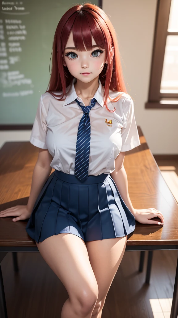 1girl,cute face,baby face,long red hair,shiny hair,soft skin,soft smile, looking at me,big blue eyes, thick thighs,wearing school uniform,white shirt,blue tie,black skirt,sitting on the desk,class room,shorts,,intricate_details_xl,Classic Anime Style SDLX ,Thick waifus 