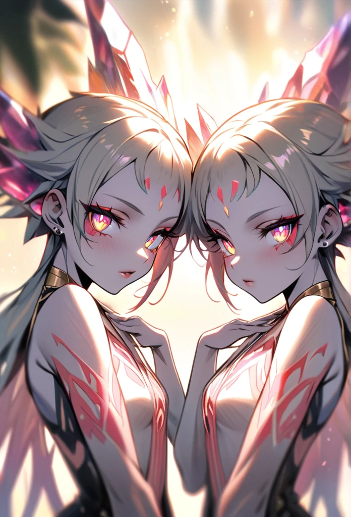 Crystal twins, ((aesthetic and sensual style)), 3/4 shot angle, (crystalline skin:1.2), ((radiant eyes)), piercing gaze, long lashes, depth of field