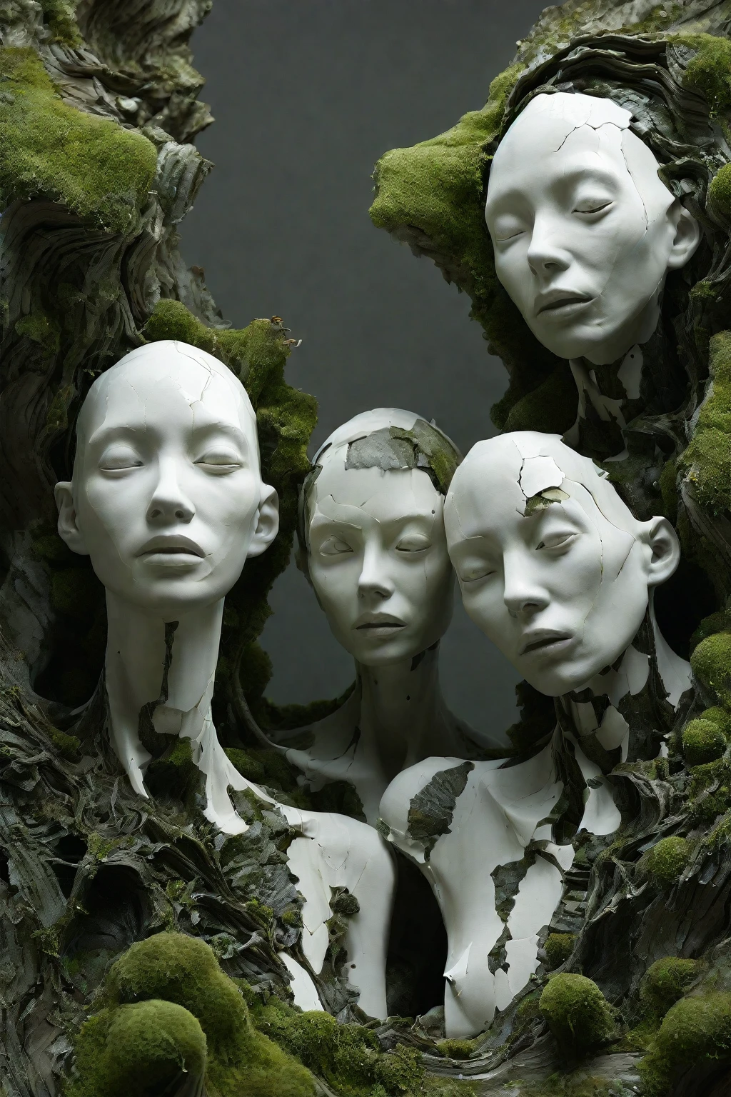 -Two figures with a vain expression, surrounded by moss, highly detailed 3d rendering, realistic, ceramic pieces, cracked texture, broken surface, detail