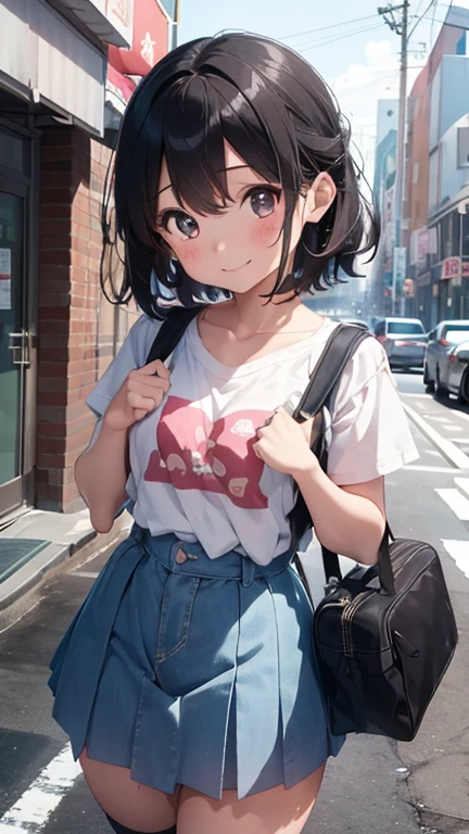 魅力的なジュニアアイドル cute，Girl１people々々、cute、Very young、Baby Face，Very young、smile、blush、short hair、Short、Thick thighs，Denim skirt、school bag、Children&#39;s wear、Large Breasts、sneakers、White socks、ribbon、Red panties are visible underneath、