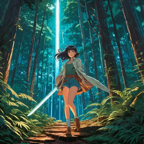 a magical sword levitating in a forest, an anime drawing, trending on artstation, serial art, martin ansin artwork, at nighttime...