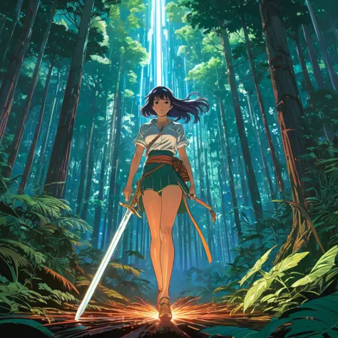 a magical sword levitating in a forest, an anime drawing, trending on artstation, serial art, martin ansin artwork, at nighttime...