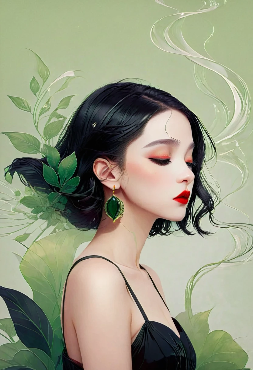 (masterpiece, best quality:1.2), 1 girl, alone,beautiful face，red lips，black hair，simple hairstyle，minimalist art nouveau，illustration style，black and green，geometry