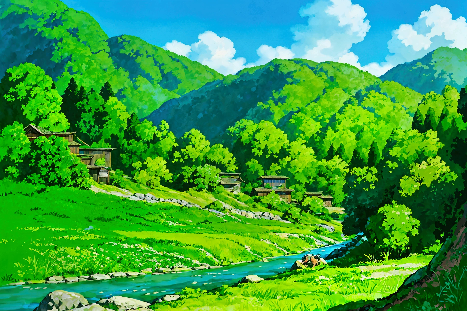  beautiful mountain village with rice fields and a stream flowing through the valley. Small houses sit in front of it. The green mountains surround them, creating a style reminiscent of anime. It is fully colored, with a panoramic view of the scenery. With high definition resolution, the picture quality is clear and bright.