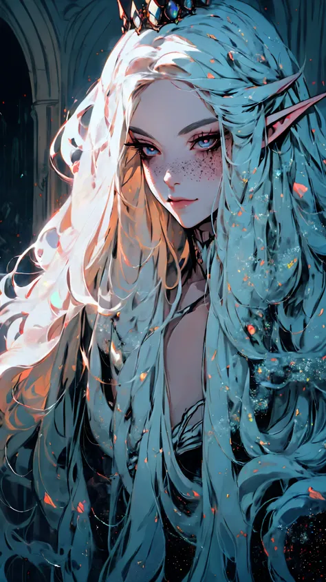 surreal painting of a mysterious woman with flowing white hair, elf ears, freckle, sharp opal eyes, and a delicate crown, exquis...