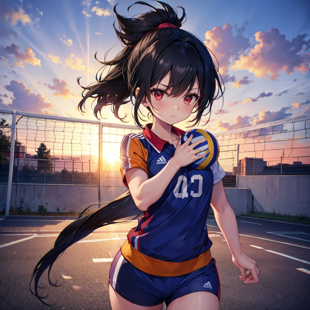 One woman((Volleyball Player,Ace Striker)) background,(gym,Olympic) sharp spikes,Jumping woman,(Black Hair,ponytail,Red eyes,Super Shiny Sweat) Anime Style,Overall image Best shot Wind blowing Low angle