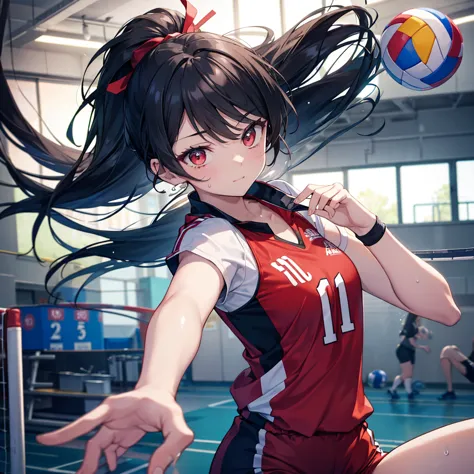 one woman((volleyball player)) background,(gym,olympic) sharp spikes,jumping woman,(black hair,ponytail,red eyes,super shiny swe...