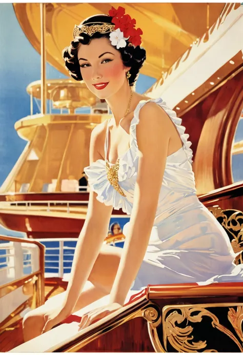 Luxury liner deck、Woman&#39;s back view、A beautiful dolphin jumps in the sea、Fantasy、Fantasy、