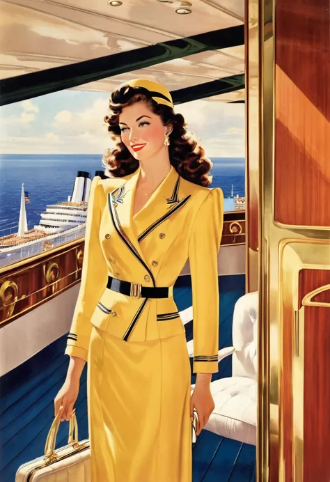 Luxury liner deck、Woman&#39;s back view、A beautiful dolphin jumps in the sea、Fantasy、Fantasy、