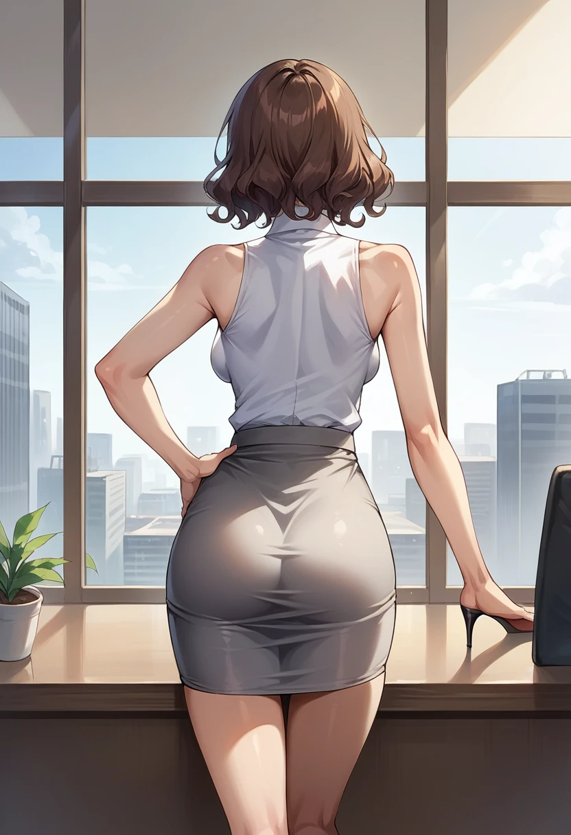 score_9, score_8_up, score_7_up, score_6_up, (cowboy shot), BREAK, 1boy, 50yo, tall, average body, business suit, (standing:1.4), BREAK, 1girl, 30yo, female, short, slender slutty girl, brunette, wavy hair, cute and mature, wearing (tight grey skirt:1.1), (tight white sleeveless blouse:1.2), (black high heels:1.0), (medium breasts, shoulder length hair:1.5), BREAK, luxury modern office, city background from window, leaning over large desk, rear view, POV, perfect proportions.