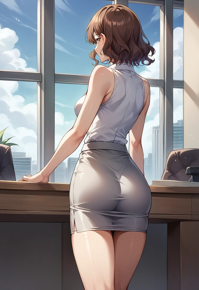 score_9, score_8_up, score_7_up, score_6_up, (cowboy shot), BREAK, 1boy, 50yo, tall, average body, business suit, (standing:1.4), BREAK, 1girl, 30yo, female, short, slender slutty girl, brunette, wavy hair, cute and mature, wearing (tight grey skirt:1.1), (tight white sleeveless blouse:1.2), (black high heels:1.0), (medium breasts, shoulder length hair:1.5), BREAK, luxury modern office, city background from window, leaning over large desk, rear view, POV, perfect proportions.