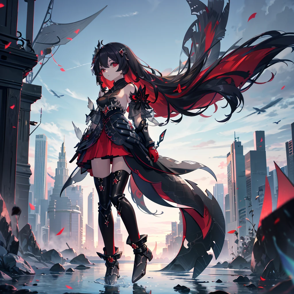 girl，Clarity，high-definition，High Detail，Rich in details，transparent，纹理Clarity，beauty，grace，nature，Red eyes，long hair，Hair Bunch，Very long hair，starchams，Long boots，Black pantyhose，boost，starchasm,starchasm,starchasm，Standing