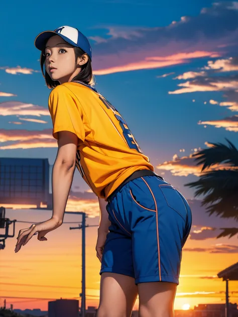 core_9, score_8_up, score_7_up, score_6_up break marin wearing a baseball uniform, shorts, baseball cap, looking at viewer, from...