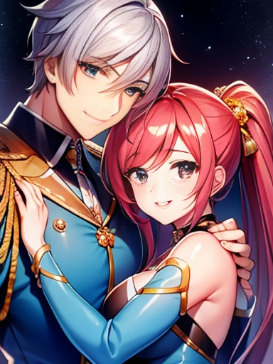 Male and female hugging each other, the femal has cute shiny smile and beautiful eyes and the male has a cute smile and soft boy