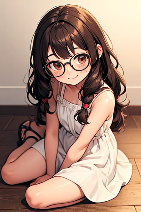 Little , whole body , Big brown eyes , Glasses , Long wavy hair with no bangs , Brown Hair , Short white summer dress with strap...