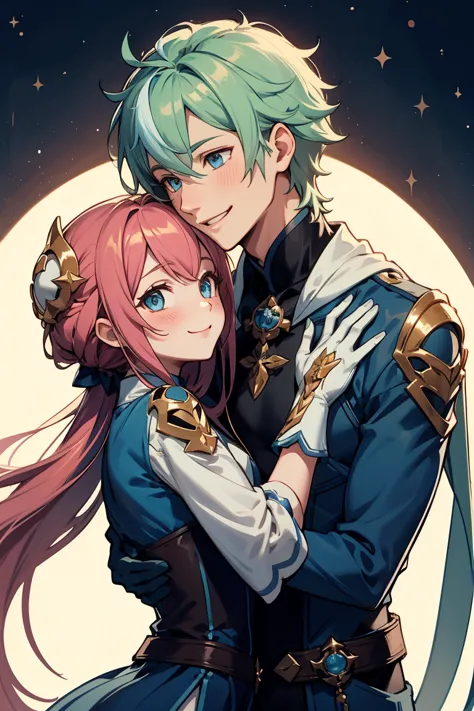 male and female hugging each other, the femal has cute shiny smile and beautiful eyes and the male has a cute smile and soft boy