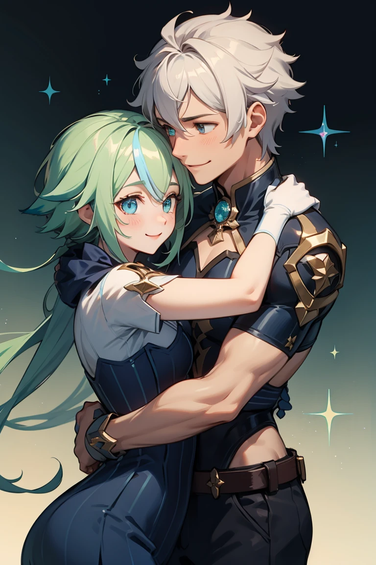 Male and female hugging each other, the femal has cute shiny smile and beautiful eyes and the male has a cute smile and soft boy